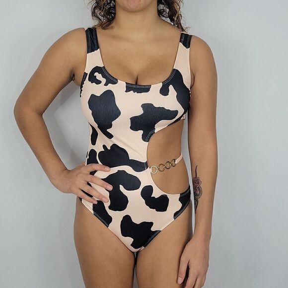 Black & Tan Cow Print Animal Print Farm Cute Chic Rib Cut-out One Piece Swimsuit - Picture 2 of 3